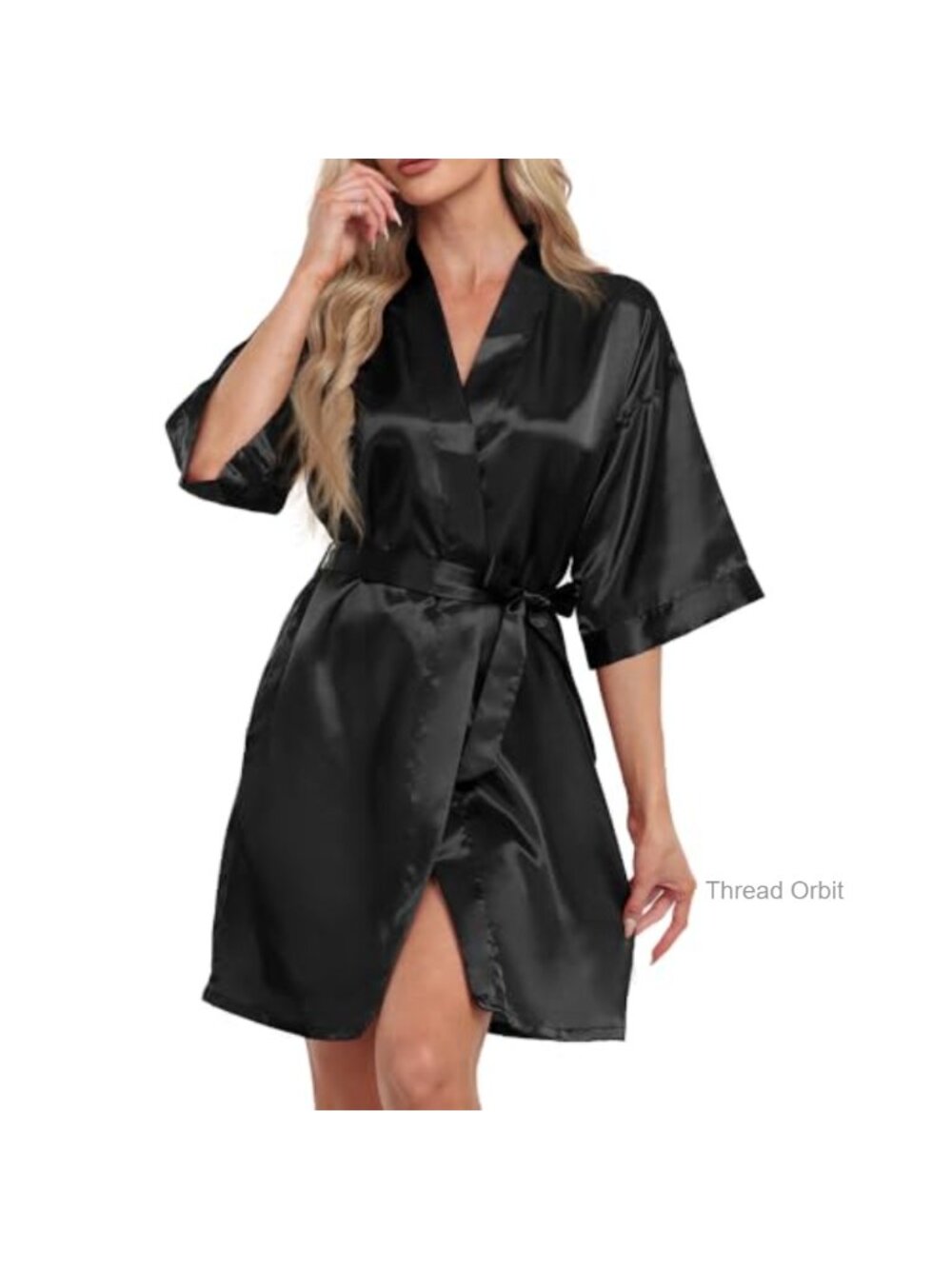 Satin Short Robe V-Neck Kimono Sleepwear Pockets